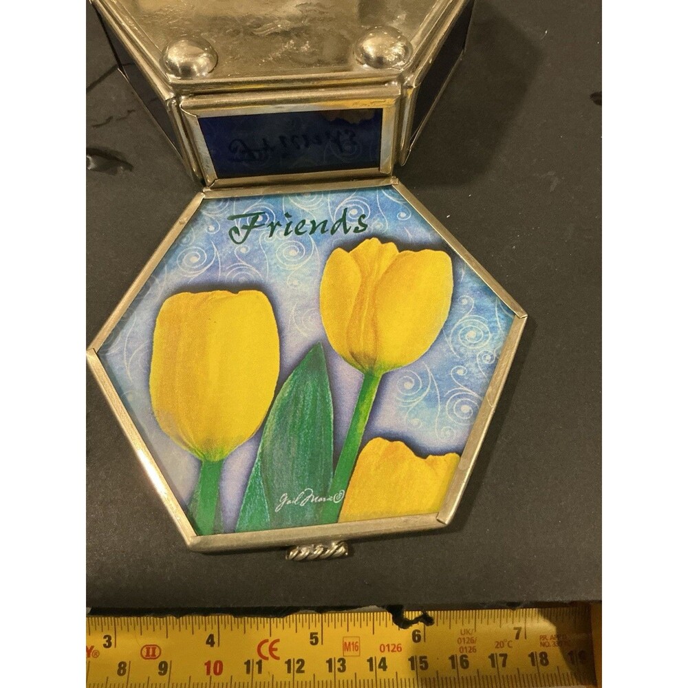 Hexagon Glass Trinket Box Yellow Tulips 'Friends' Floral Design Multicolor Small